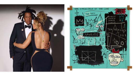 The Tiffany adorns Beyoncé while Basquiat frames Jay-Z