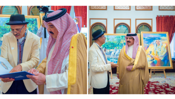 Artist Abbas Al Mosawi Presents HM King Hamad With Paintings of Royal Stables and Ancient Bahrain